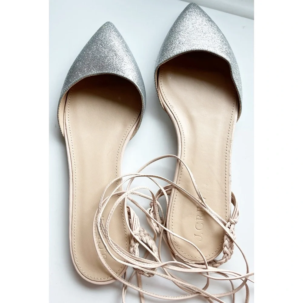 J Crew pointed toe glitter silver flats lace up sz 7